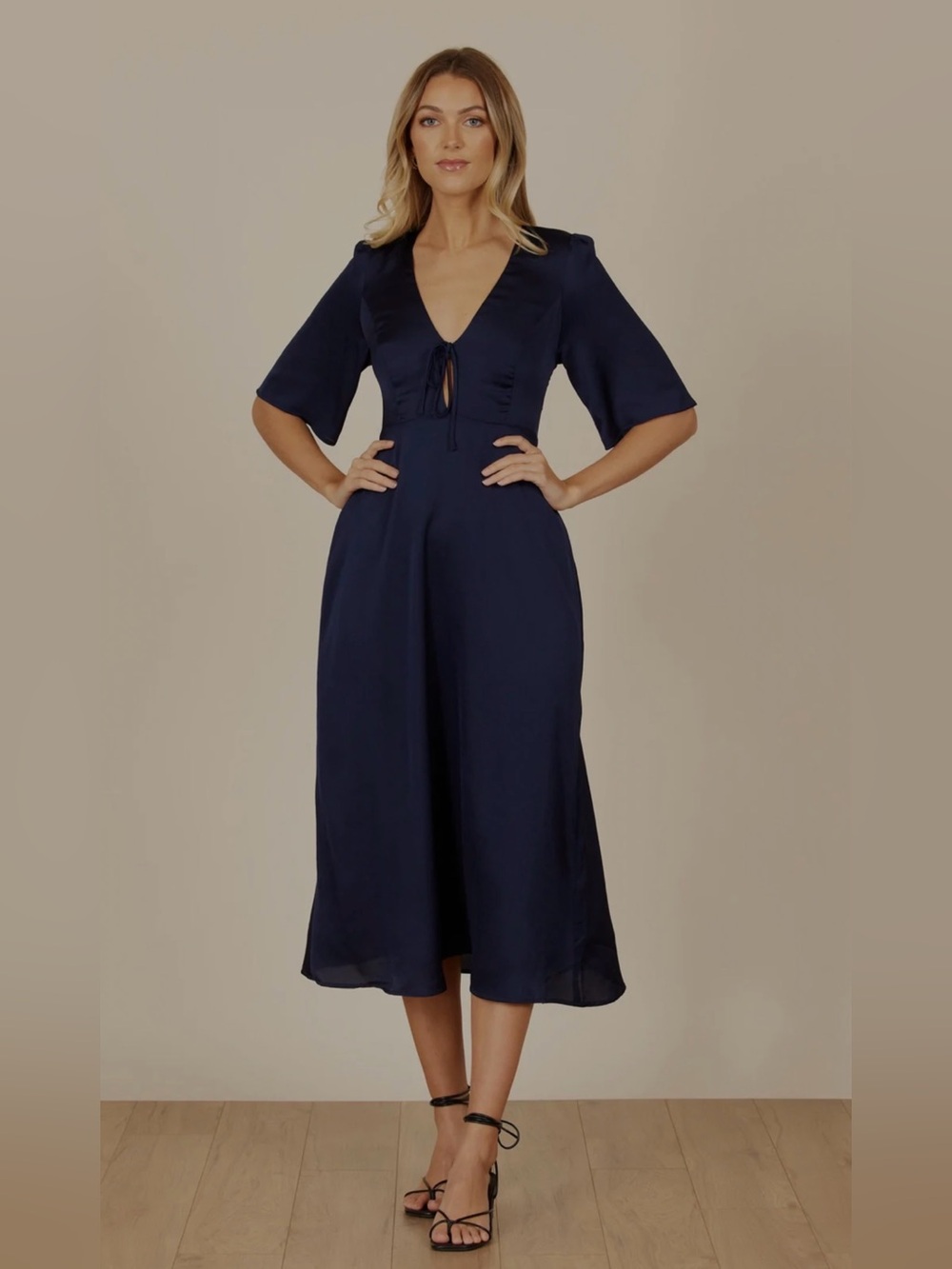 Park & Fifth Navy V-Neck Midi Dress with Tie Detail (Kendal Tie Dress)